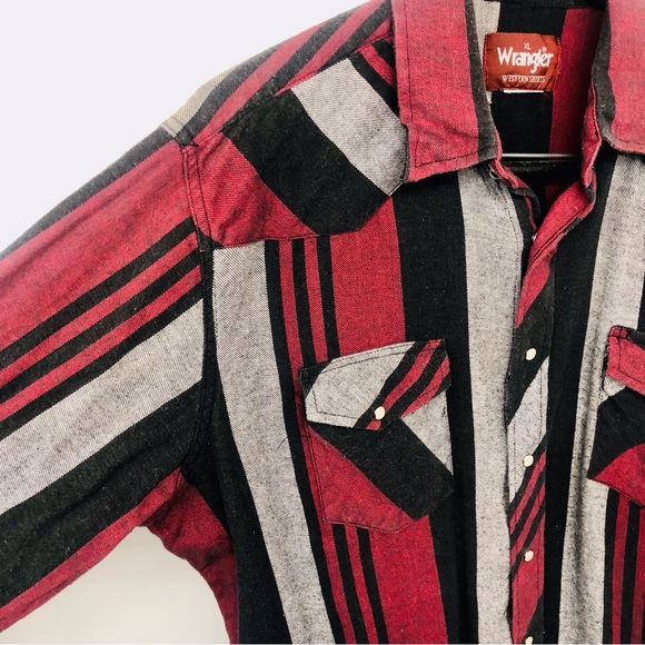 Vintage Wrangler Western Shirt Red Black Gray Stripe - Picture 7 of 16